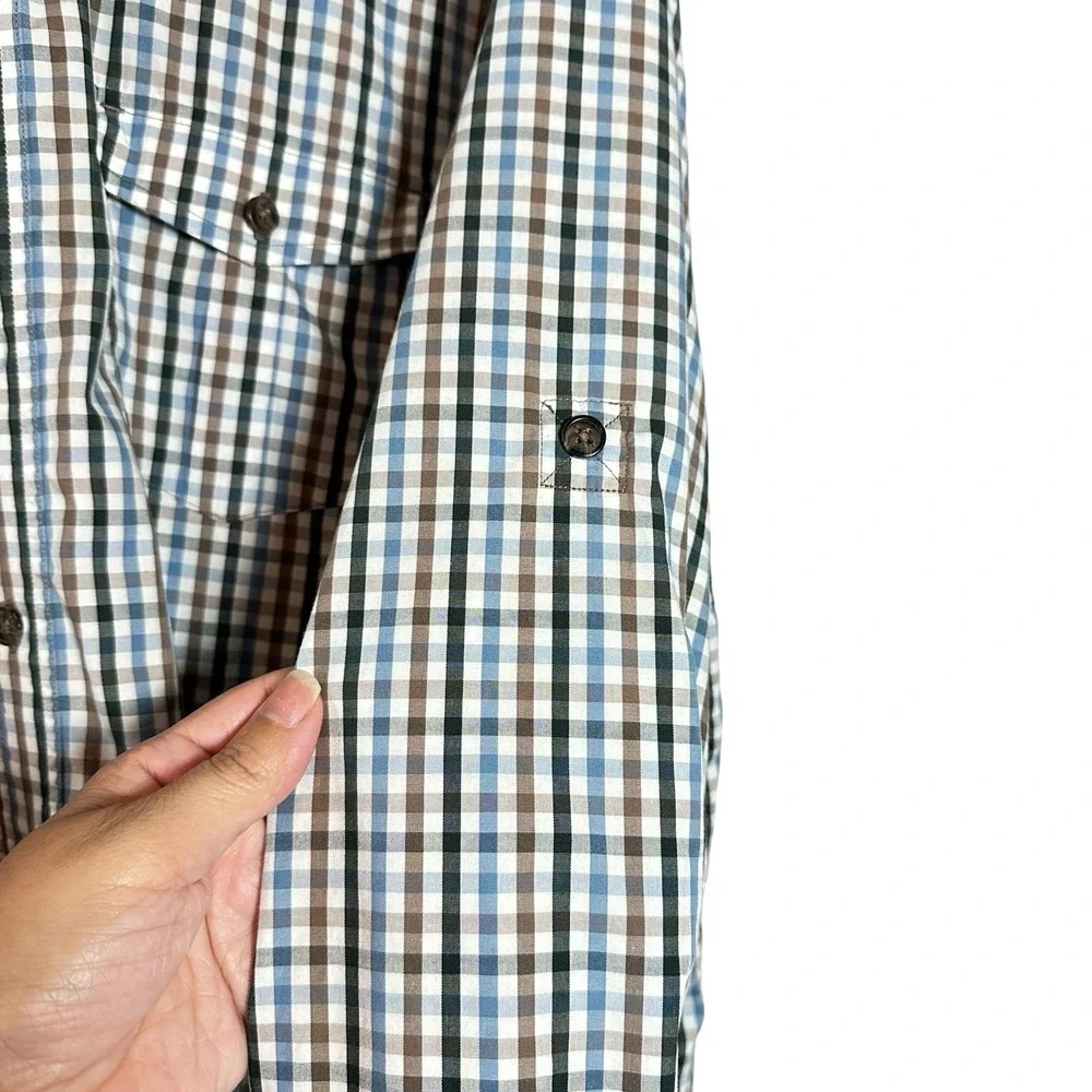 Onward‎ Reserve XL Gingham Shirt Blue Brown Plaid Outdoor Vented Fishing Cotton